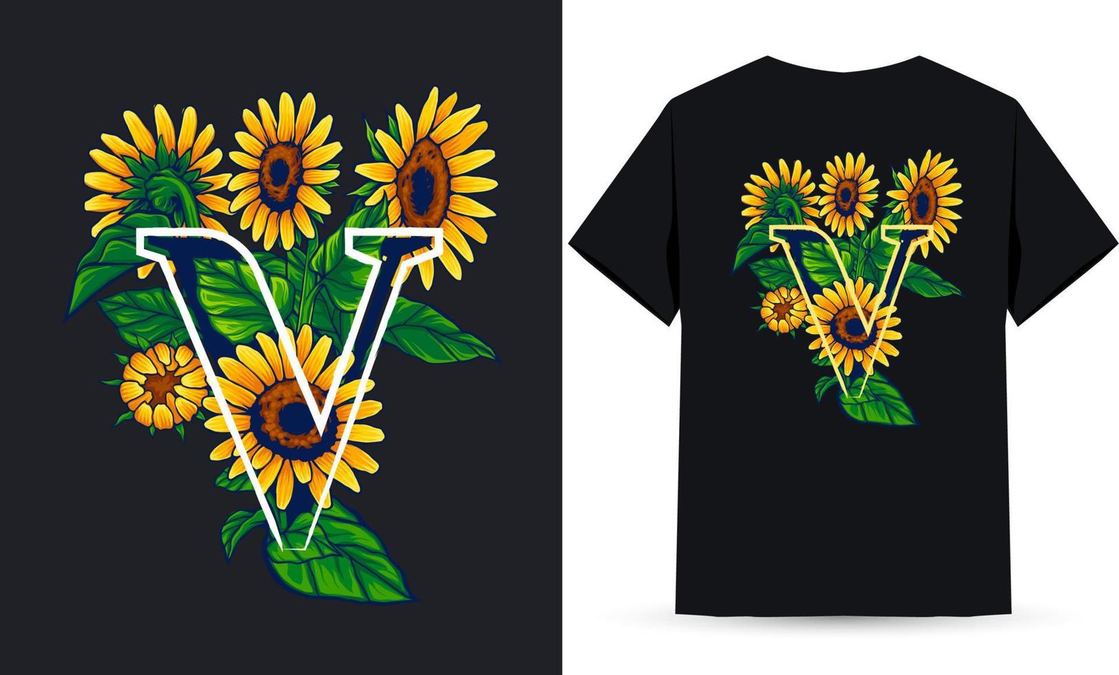 letra v alfabeto girasol e ilustración de verano adecuada para serigrafía de camisetas vector