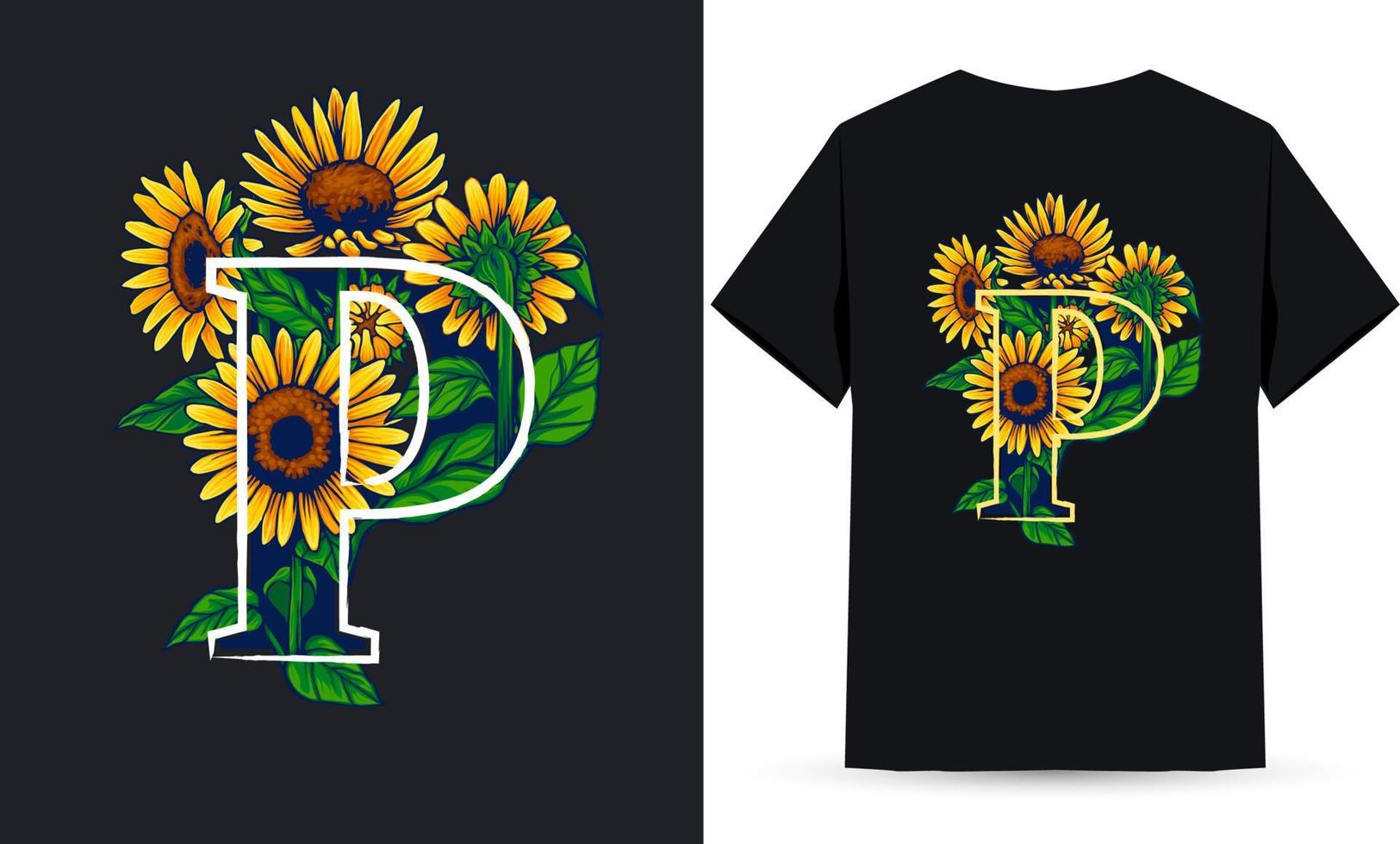 letra p alfabeto girasol e ilustración de verano adecuada para serigrafía de camisetas vector