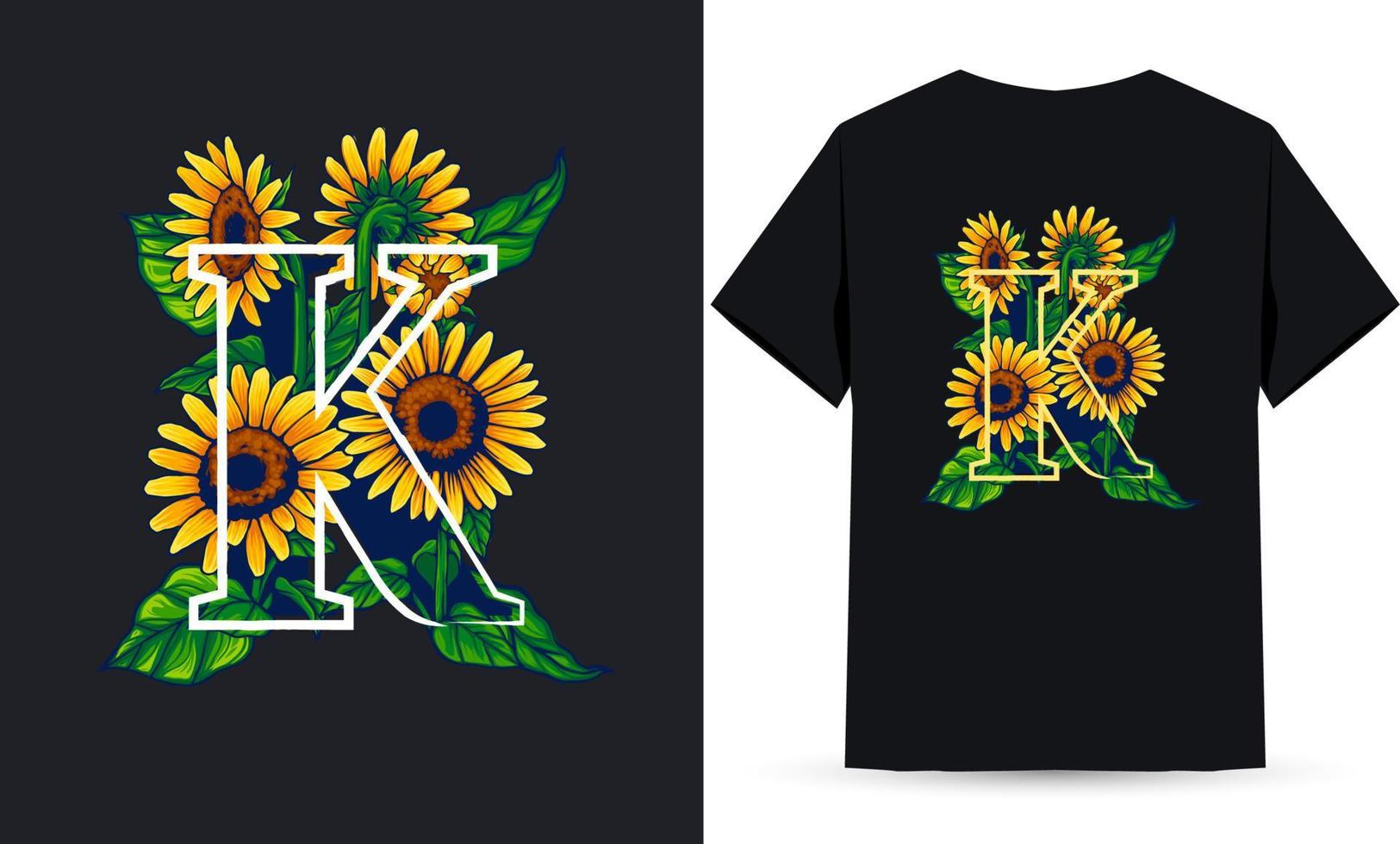 letra k alfabeto girasol e ilustración de verano adecuada para serigrafía de camisetas vector