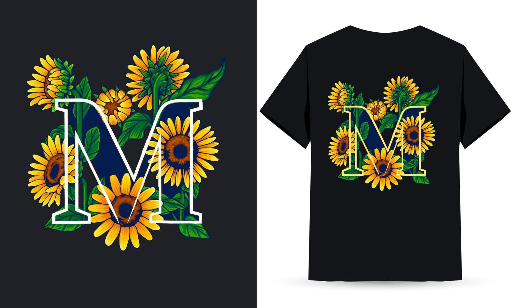 letra m alfabeto girasol e ilustración de verano adecuada para serigrafía de camisetas vector