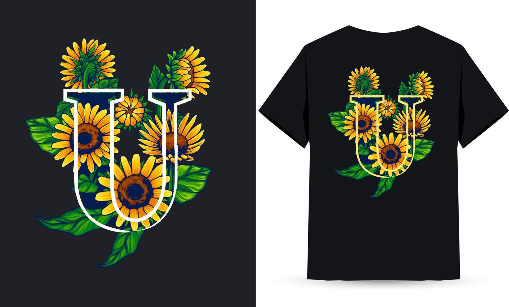 letra u alfabeto girasol e ilustración de verano adecuada para serigrafía de camisetas vector