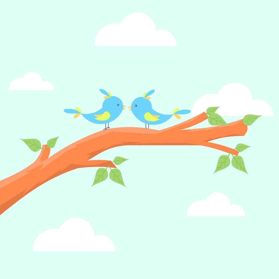 Two cute birds in love on a tree branch. Vector Illustration