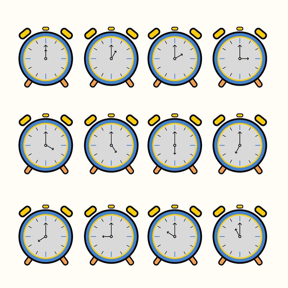 los iconos de hora y reloj están configurados en doce horas completas. ilustración vectorial de reloj adecuada para los medios de aprendizaje de los niños vector