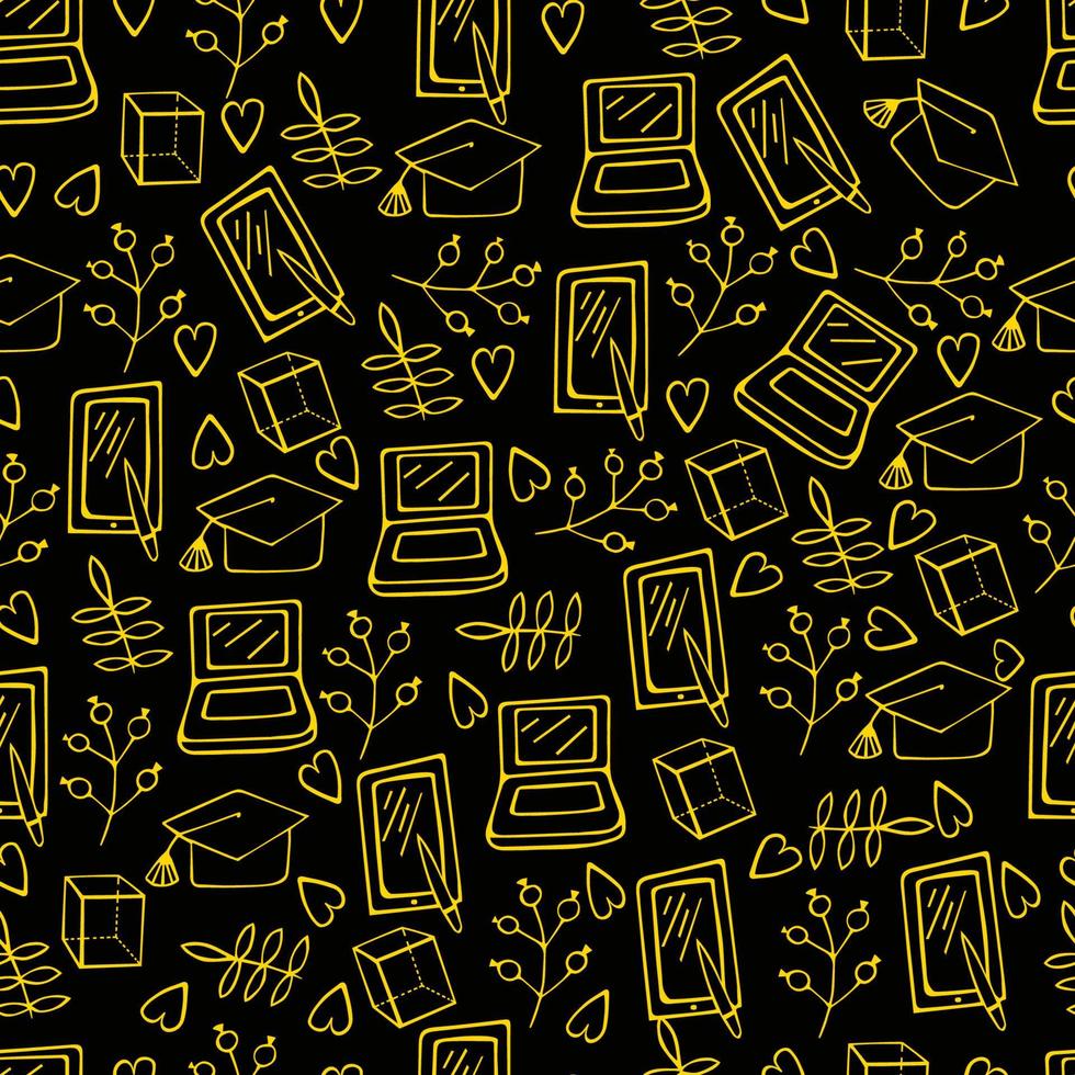 Seamless pattern of yellow school doodles on a black background. vector