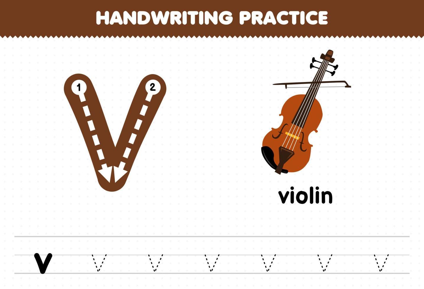 Education game for children handwriting practice with lowercase letters v for violin printable worksheet vector