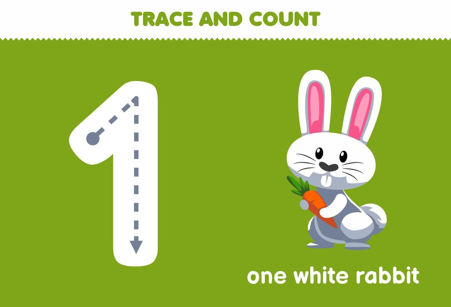 Education game for children tracing number one and counting of cute cartoon animal white rabbit printable worksheet vector