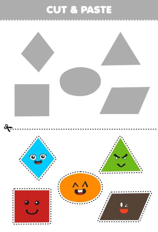 Education game for children cut and paste cute cartoon geometric shapes rhombus oval triangle square parallelogram to the correct part printable worksheet vector