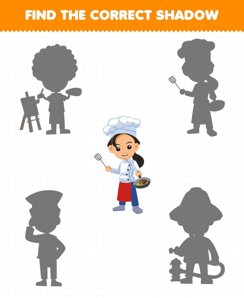 Education game for children find the correct shadow set of cute cartoon profession chef printable worksheet vector