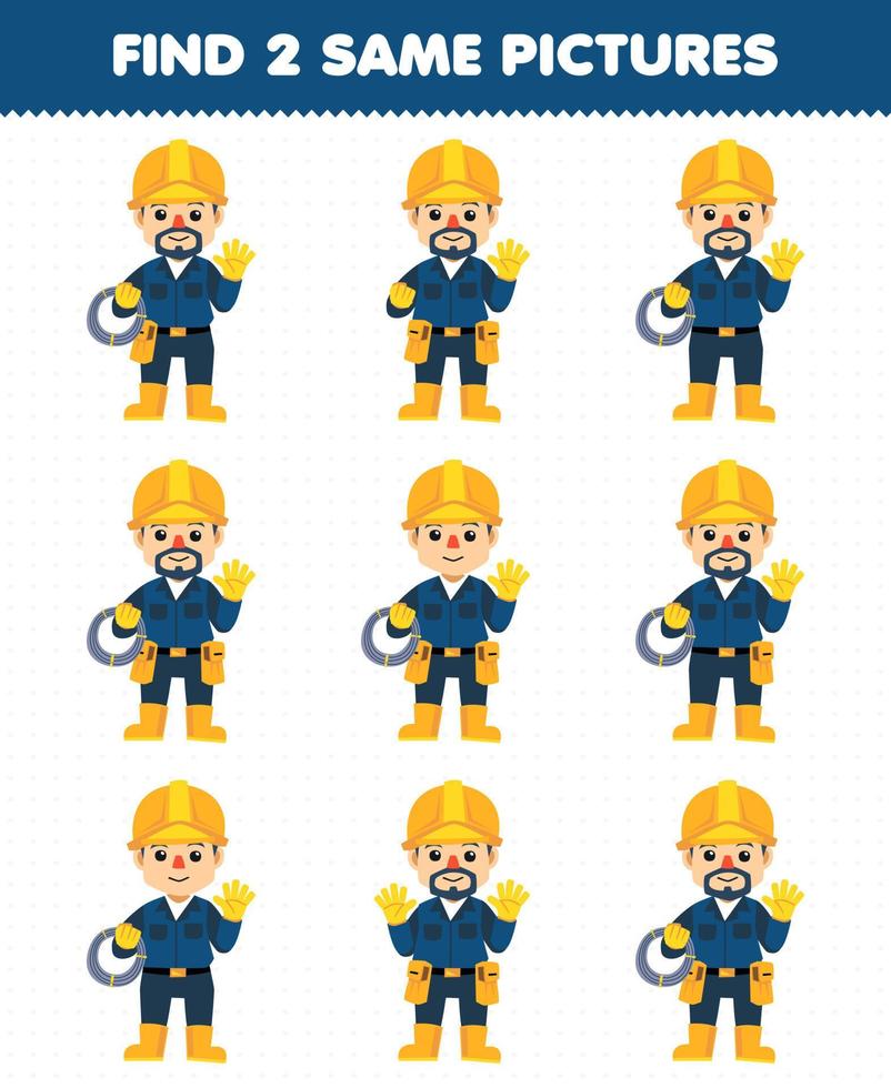 Education game for children find two same pictures of cute cartoon electrician profession printable worksheet vector