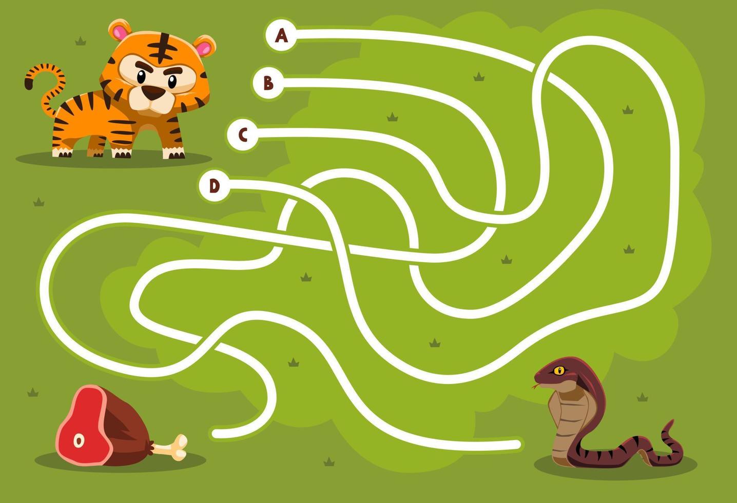 juego de rompecabezas de laberinto para niños con hoja de trabajo imprimible de serpiente de tigre y carne de vaca de dibujos animados lindo vector