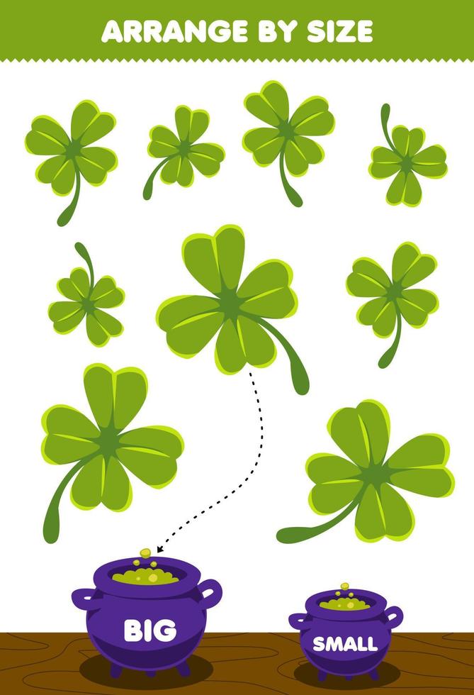 Education game for children arrange by size big or small put it in the cauldron of cute cartoon green leaf halloween printable worksheet vector