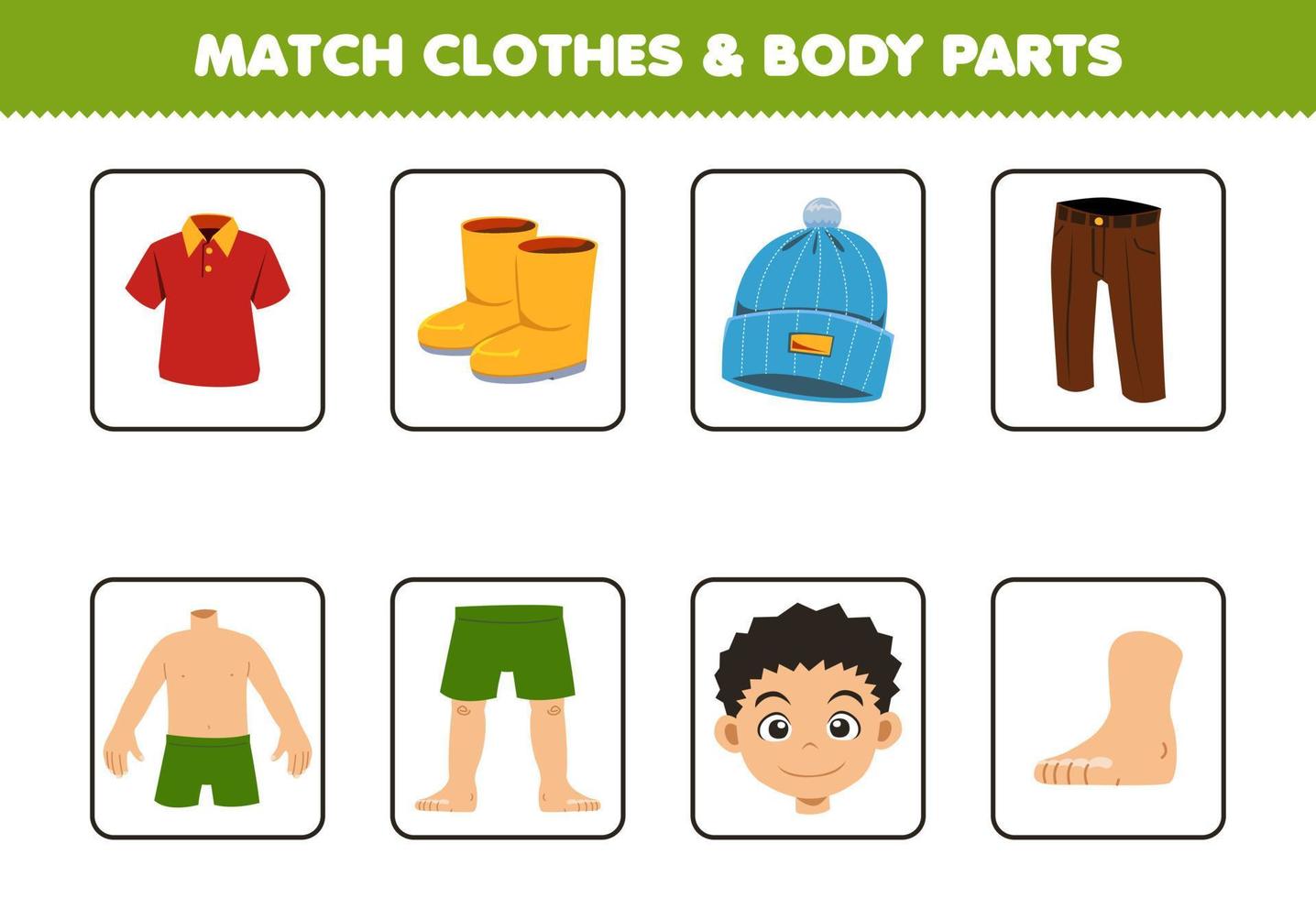 juego educativo para niños combinar ropa y parte del cuerpo para una linda caricatura ponible polo botas bennie pantalón hoja de trabajo imprimible vector