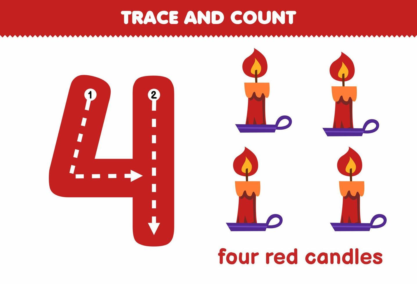 Education game for children tracing number four and counting of cute cartoon red candles halloween printable worksheet vector