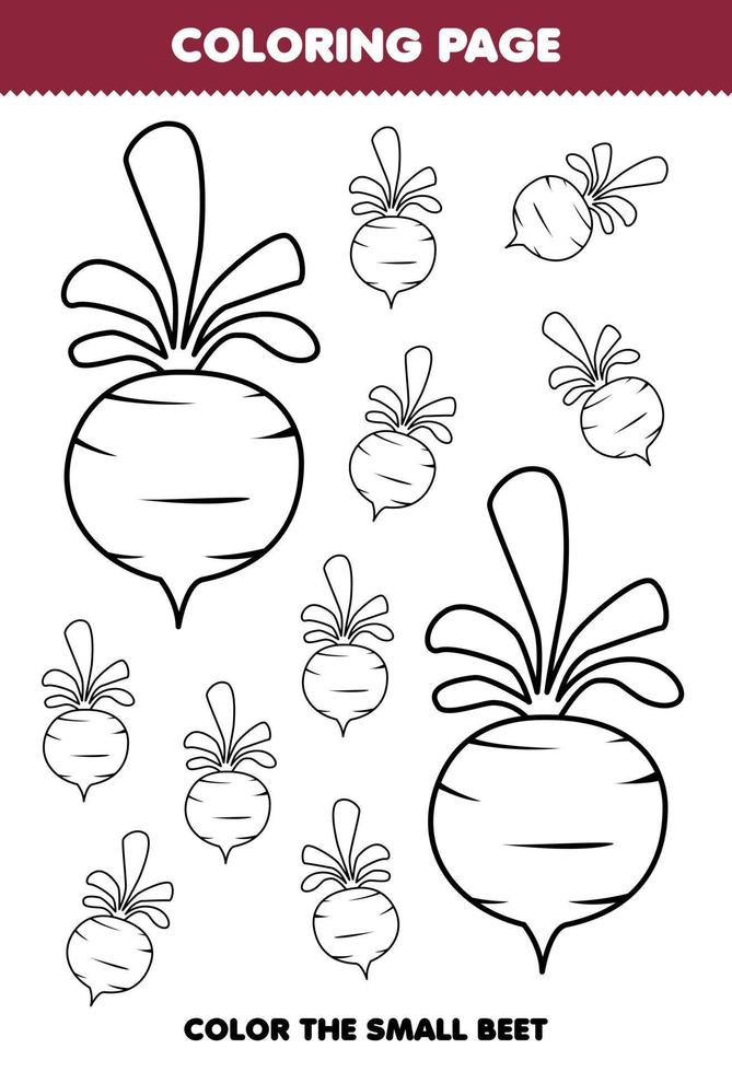 Education game for children coloring page big or small picture of cute cartoon beet vegetable line art printable worksheet vector