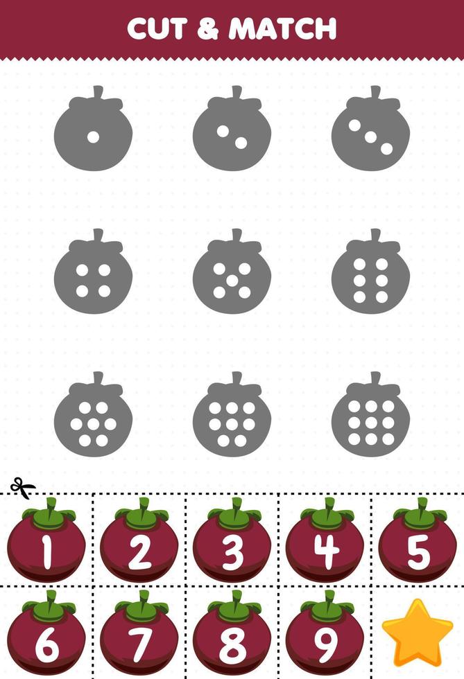 Educational game for kids count the dots on each silhouette and match them with the correct numbered mangosteen fruits printable worksheet vector