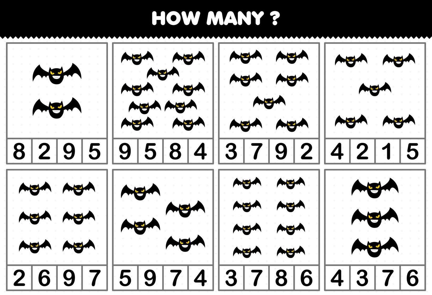 Education game for children counting how many objects in each table of cute cartoon black bat halloween printable worksheet vector