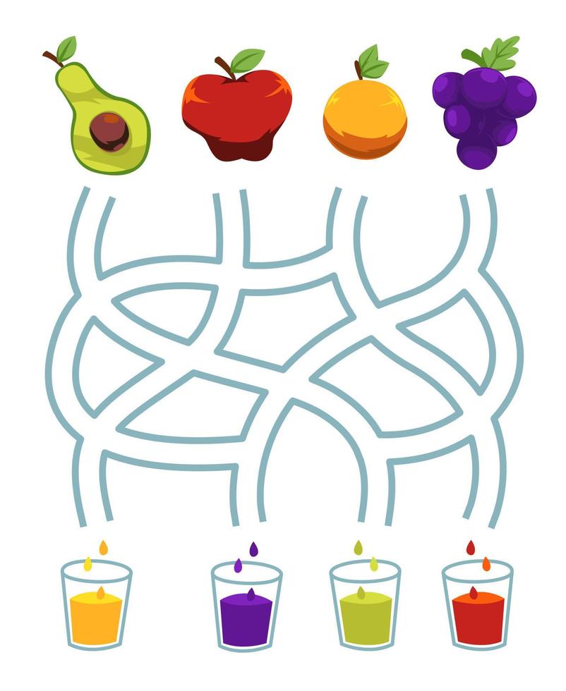 Maze puzzle game for children pair cute cartoon fruit avocado apple orange grape with the same juice color printable worksheet vector