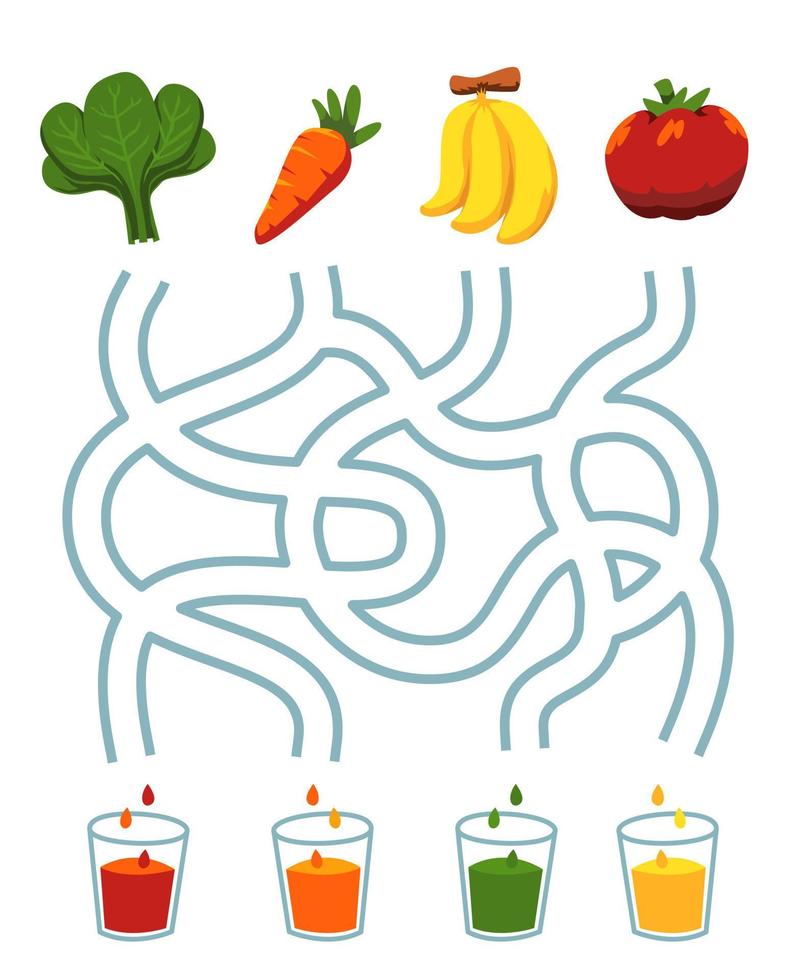 juego de rompecabezas de laberinto para niños pareja de dibujos animados lindo plátano fruta espinaca zanahoria tomate verduras con el mismo color de jugo hoja de trabajo imprimible vector