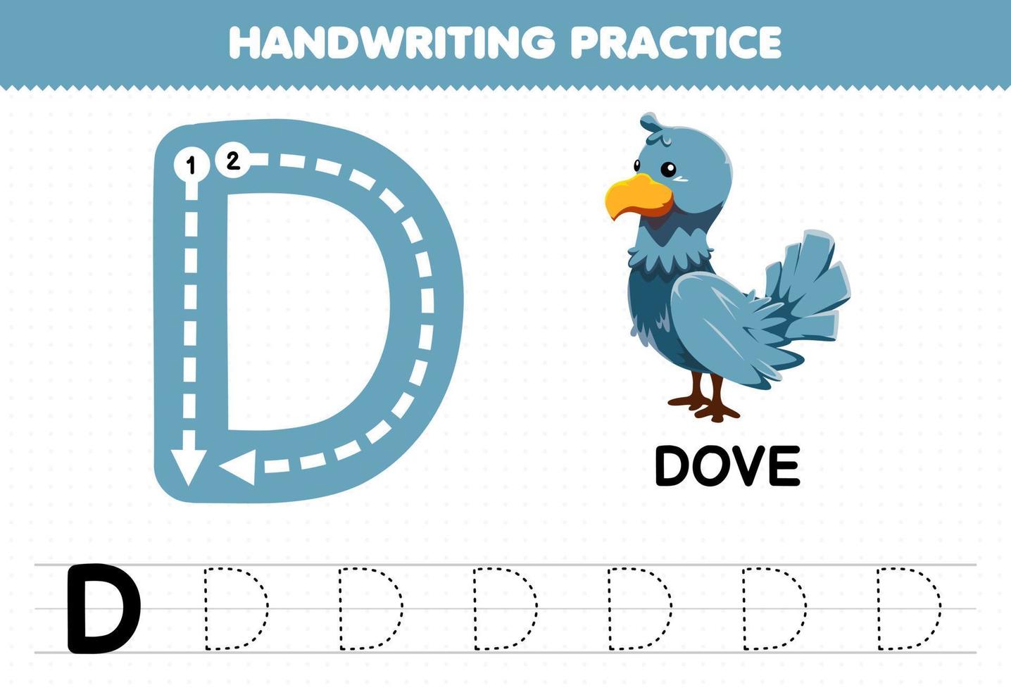 Education game for children handwriting practice with uppercase letters D for dove printable worksheet vector