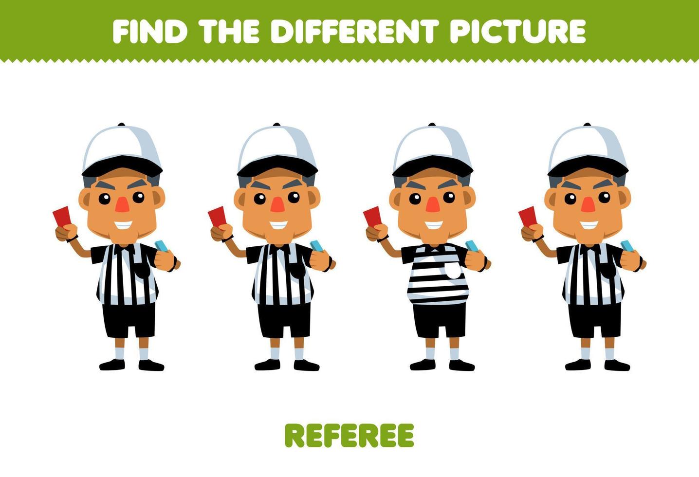 Education game for children find the different picture of cute cartoon referee profession printable worksheet vector