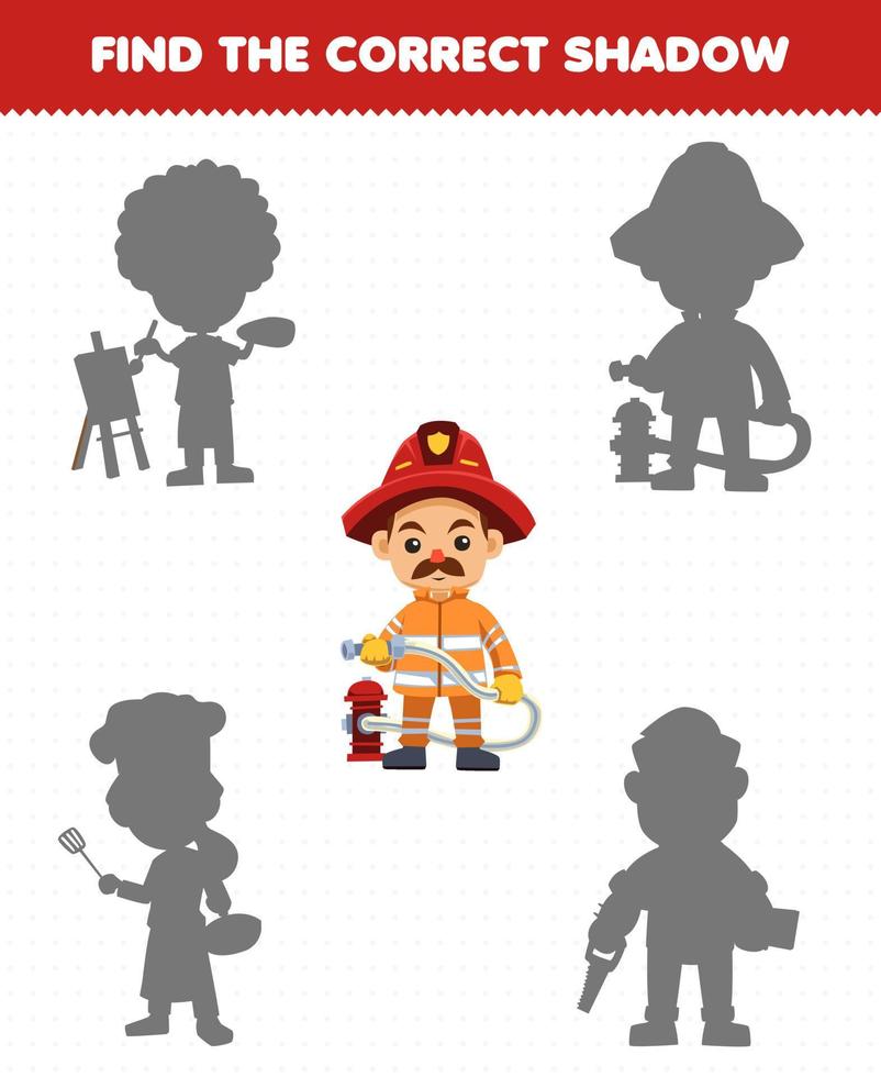 Education game for children find the correct shadow set of cute cartoon profession firefighter printable worksheet vector