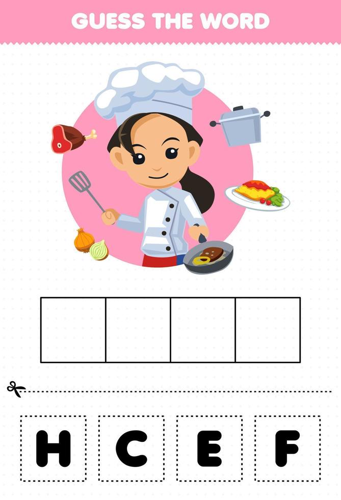 juego educativo para niños adivinar las letras de la palabra practicando la hoja de trabajo imprimible de la profesión de chef de dibujos animados lindo vector