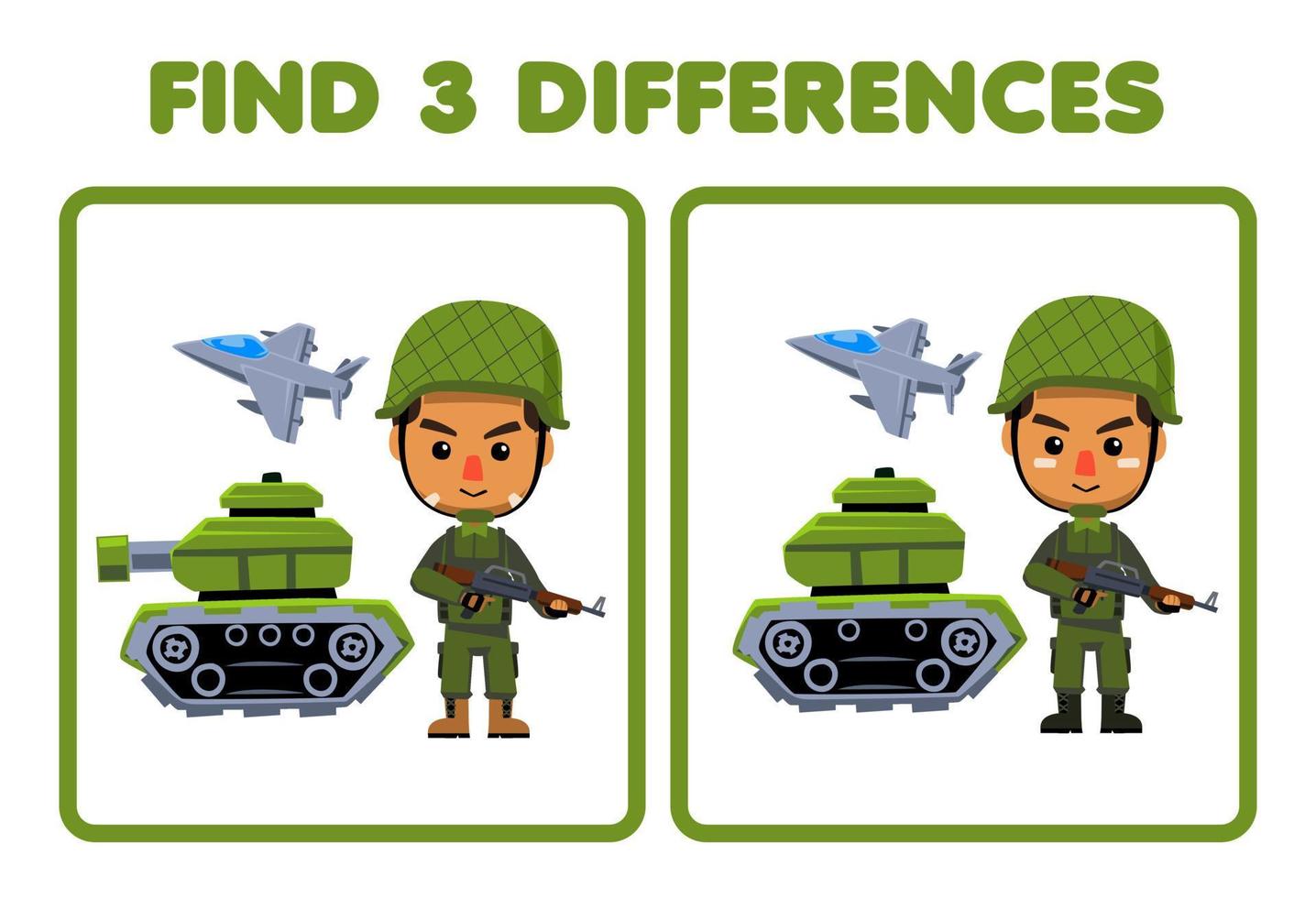 Education game for children find three differences between two cute cartoon soldier profession printable worksheet vector