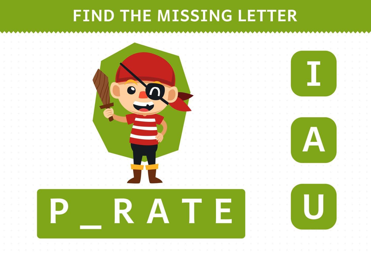 Education game for children find missing letter of cute cartoon pirate halloween costume printable worksheet vector