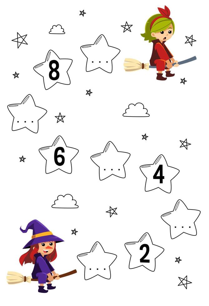 Education game for complete the sequence of number with cute cartoon witch costume picture halloween printable worksheet vector