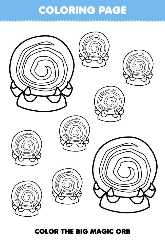 Education game for children coloring page big or small picture of cute cartoon magic orb line art halloween printable worksheet vector