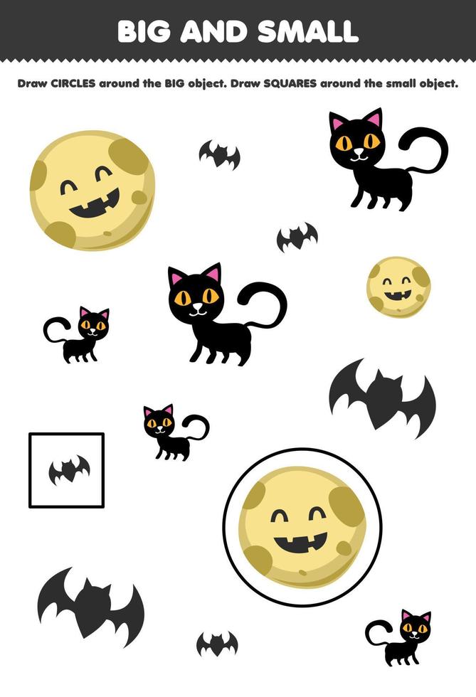Education game for children arrange by size big or small by drawing circle and square of cute cartoon moon black cat bat halloween printable worksheet vector