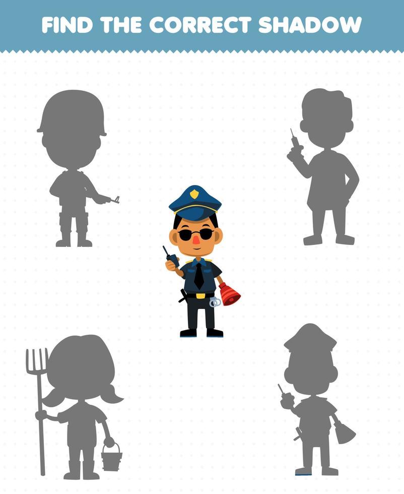 Education game for children find the correct shadow set of cute cartoon profession police printable worksheet vector