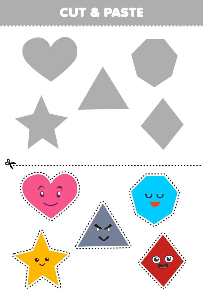 Education game for children cut and paste cute cartoon geometric shapes heart triangle heptagon star rhombus to the correct part printable worksheet vector