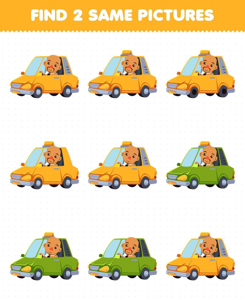 Education game for children find two same pictures of cute cartoon driver profession printable worksheet vector