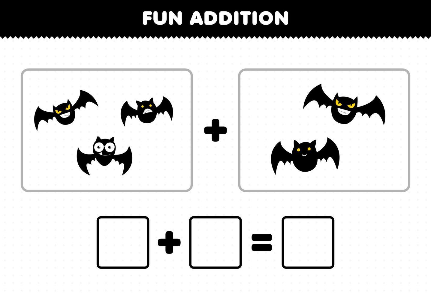 juego educativo para niños divertido además contando imágenes de murciélagos voladores de dibujos animados lindo hoja de trabajo de halloween imprimible vector