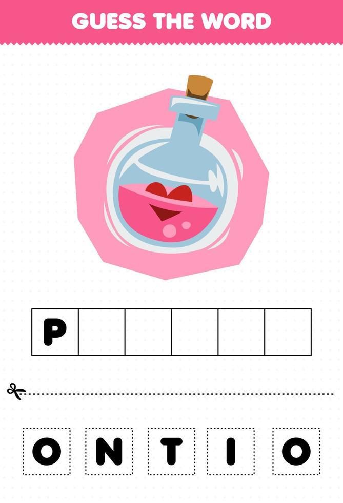 Education game for children guess the word letters practicing of cute cartoon potion halloween printable worksheet vector