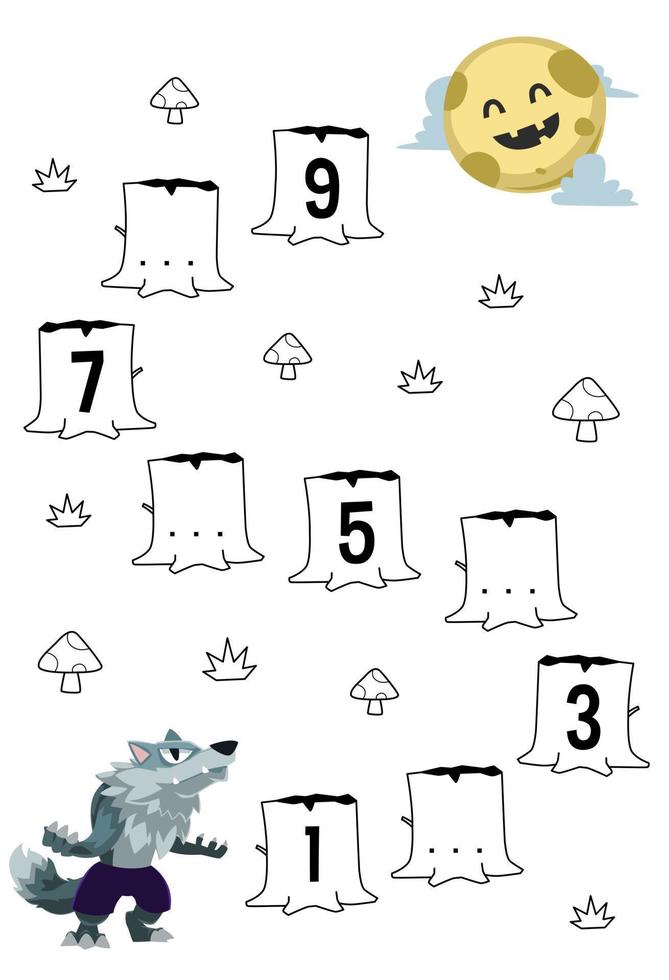 Education game for complete the sequence of number with cute cartoon werewolf and moon picture halloween printable worksheet vector