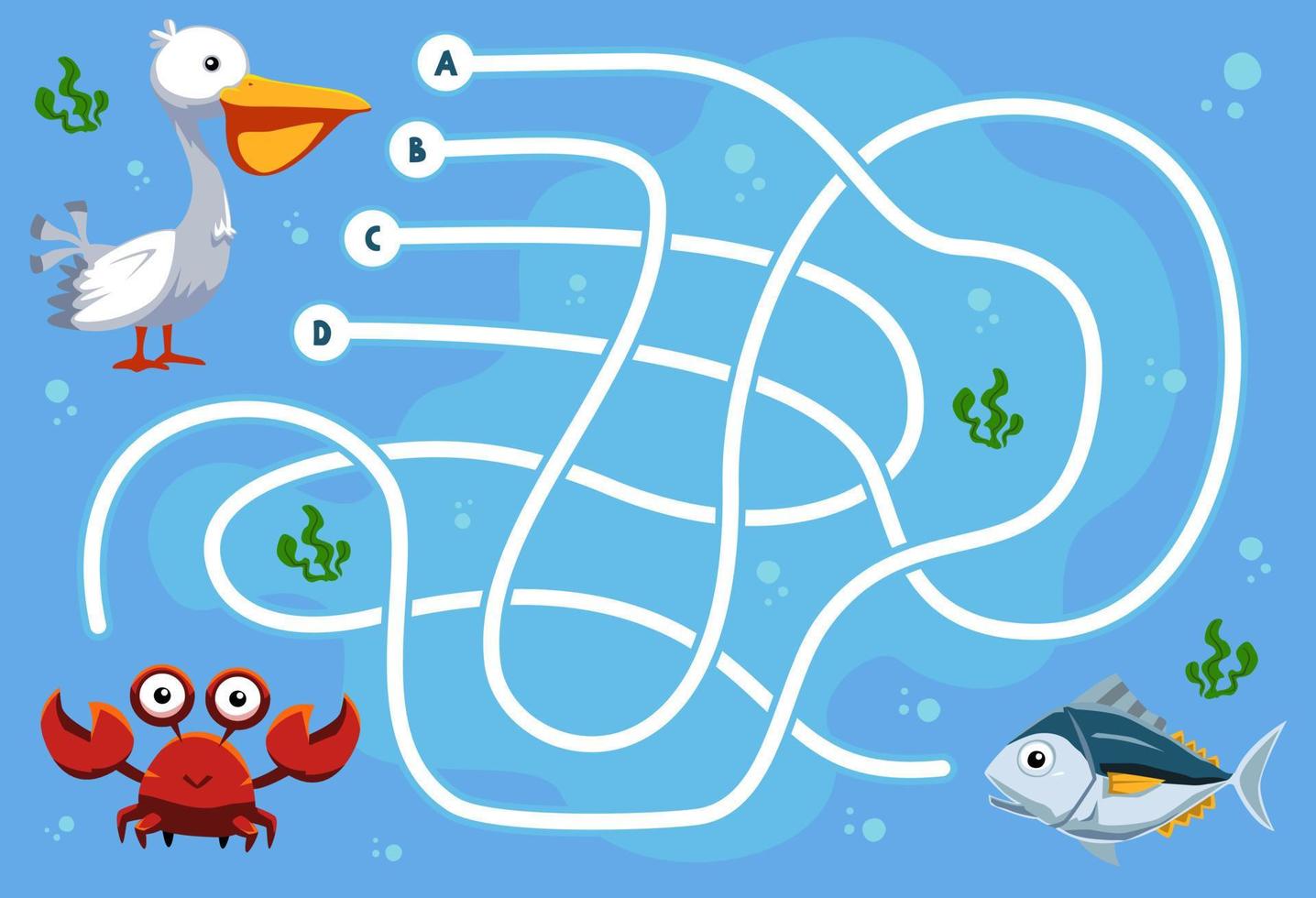 Maze puzzle game for children with cute cartoon animal pelican crab salmon fish printable worksheet vector
