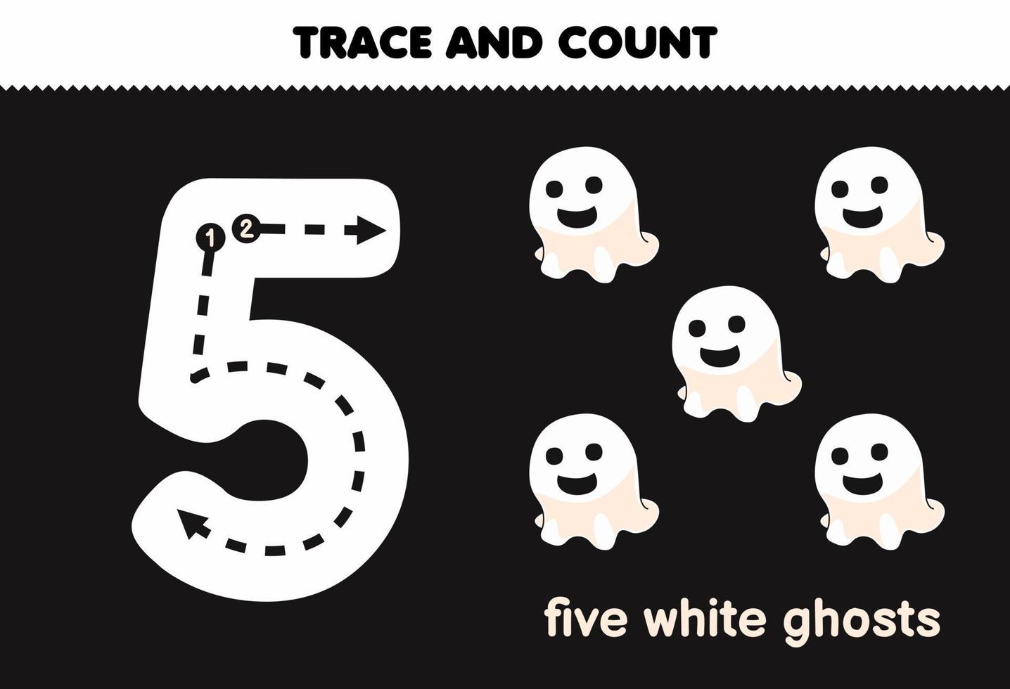juego educativo para niños rastreando el número cinco y contando dibujos animados lindos fantasmas blancos hoja de trabajo imprimible de halloween vector