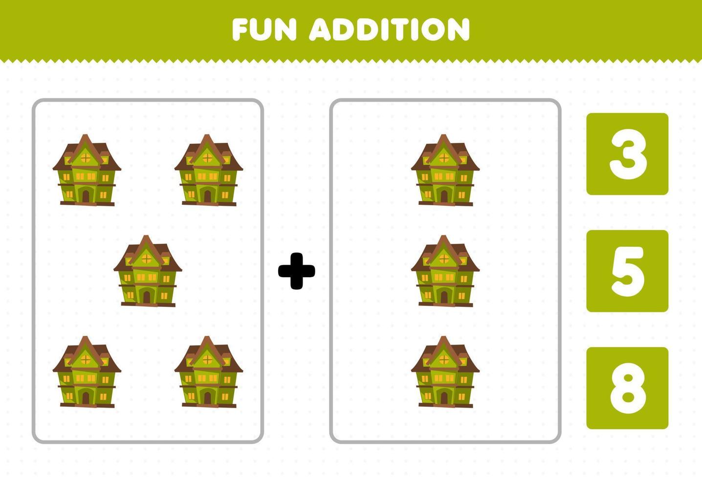 Education game for children fun addition by count and choose the correct answer of cute cartoon green spooky house halloween printable worksheet vector