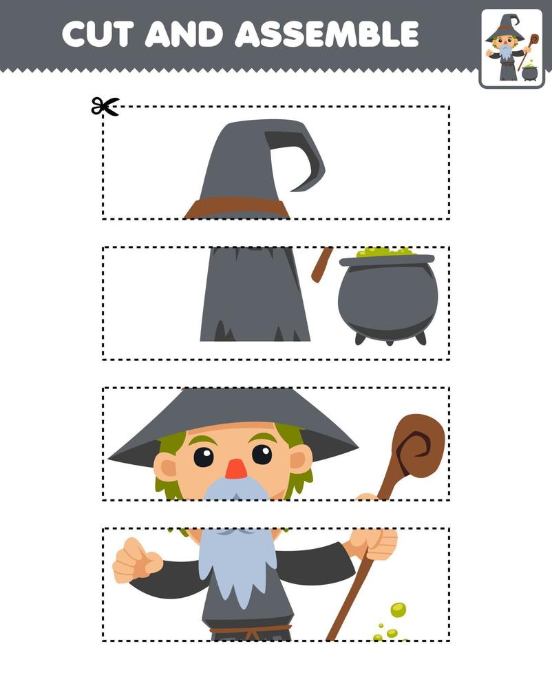 Education game for children cutting practice and assemble puzzle with cute cartoon wizard costume halloween printable worksheet vector