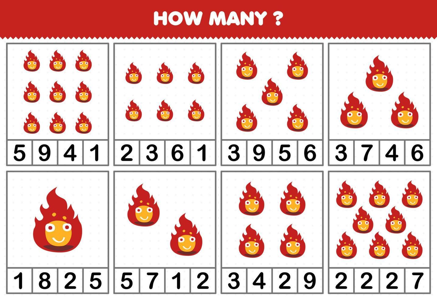 Education game for children counting how many objects in each table of cute cartoon red fire halloween printable worksheet vector