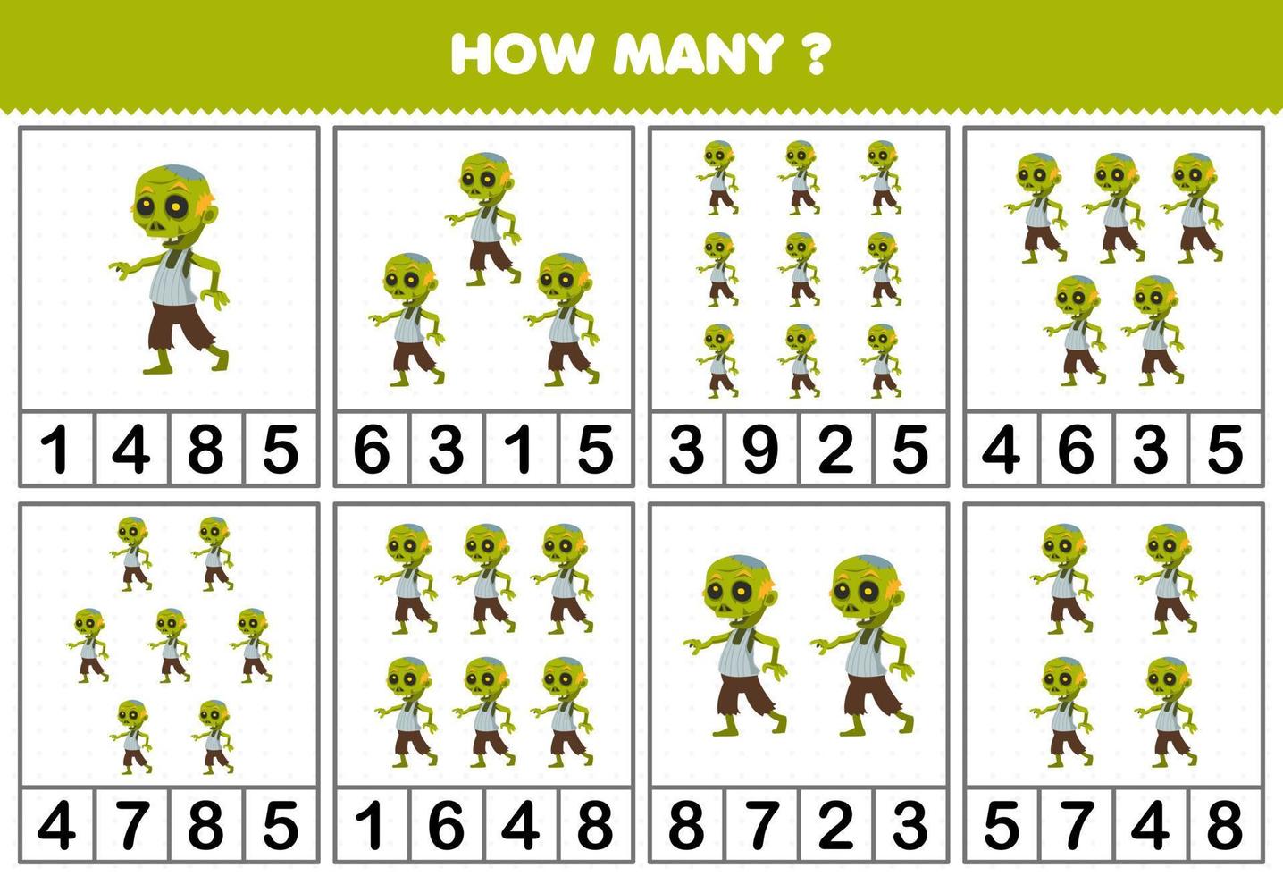 Education game for children counting how many objects in each table of cute cartoon green zombie halloween printable worksheet vector