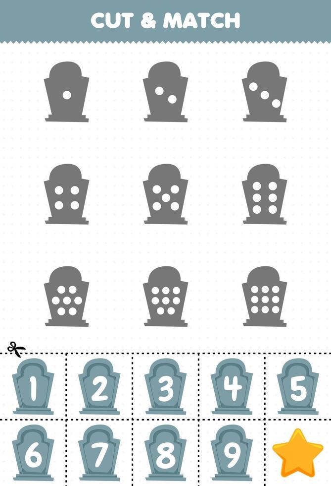 Educational game for kids count the dots on each silhouette and match them with the correct numbered gray tombstone halloween printable worksheet vector