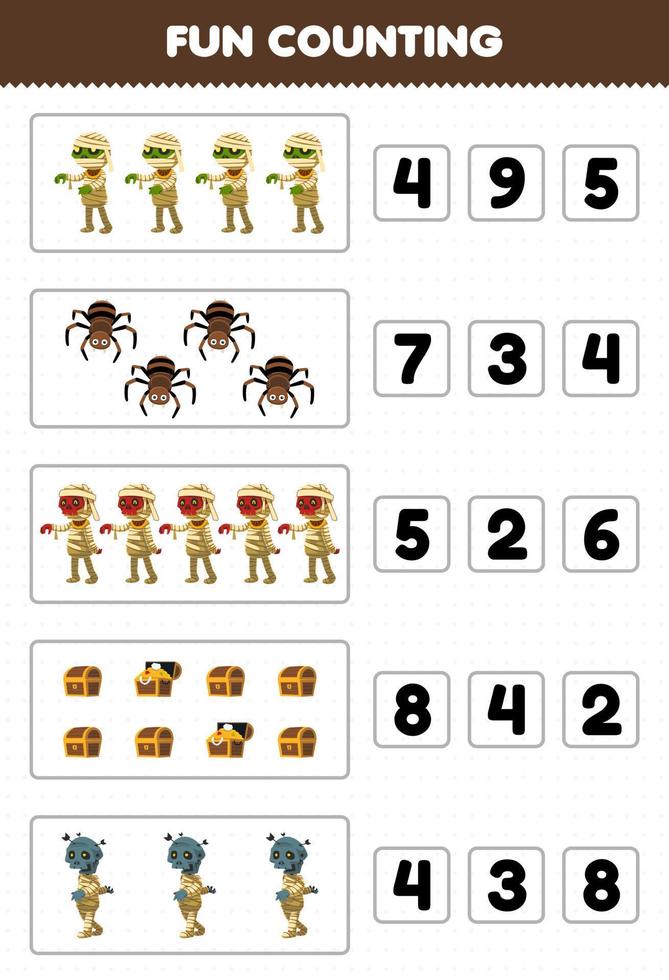 Education game for children fun counting and choosing the correct number of cute cartoon treasure chest spider mummy halloween printable worksheet vector