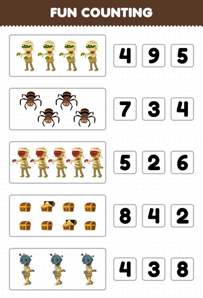 juego educativo para niños diversión contando y eligiendo el número correcto de dibujos animados lindo cofre del tesoro araña momia hoja de trabajo imprimible de halloween vector