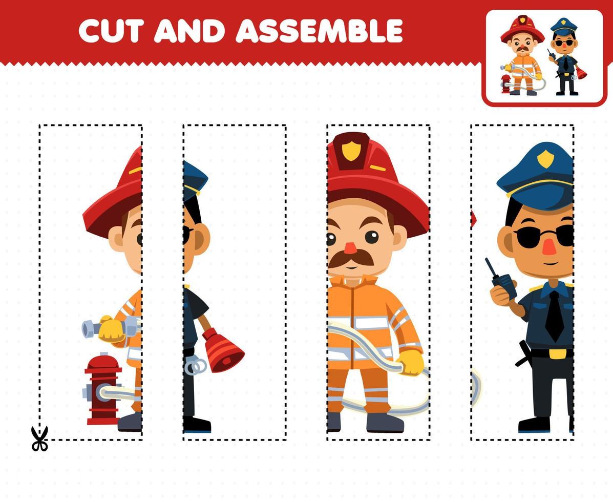 Education game for children cutting practice and assemble puzzle with cute cartoon firefighter and police profession printable worksheet vector