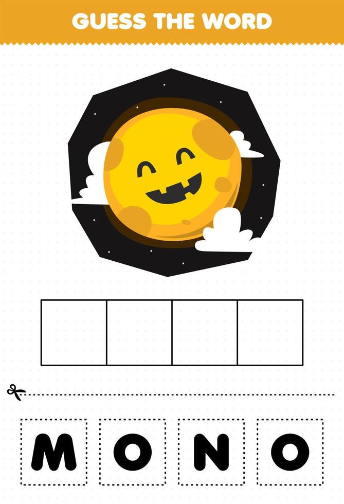 Education game for children guess the word letters practicing of cute cartoon full moon halloween printable worksheet vector
