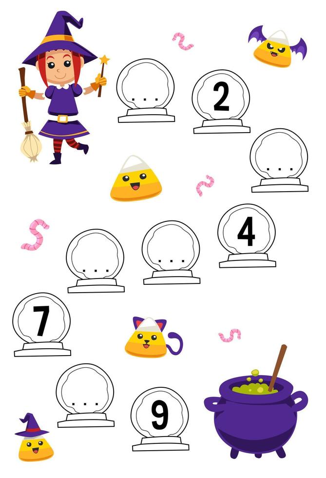 juego educativo para completar la secuencia de números con una linda bruja de dibujos animados y una imagen de caldero mágico hoja de trabajo imprimible de halloween vector