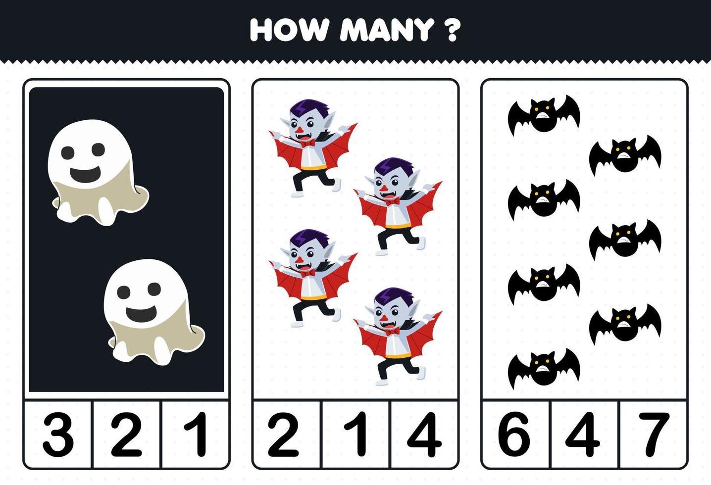 juego educativo para niños contando cuántos lindos dibujos animados fantasma drácula disfraz y murciélago hoja de trabajo imprimible de halloween vector